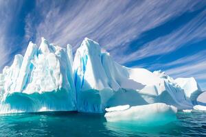 maestoso ghiaccio scogliere incoronato di un' freddo atmosfera, incorniciato di il bellissimo mare e cielo, evocazione un' armonioso panorama di della natura ghiacciato grandezza e oceanico splendore foto