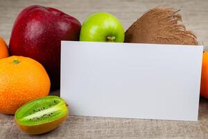 carta e bianca carta modello armonizzato con fresco frutta, lavorazione un' visivo sinfonia di abile design e culinario delizia, dove sano ingredienti merge nel un' festa di vivace immagini foto