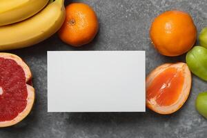 carta e bianca carta modello armonizzato con fresco frutta, lavorazione un' visivo sinfonia di abile design e culinario delizia, dove sano ingredienti merge nel un' festa di vivace immagini foto