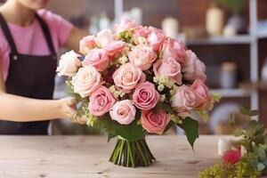 mazzo di fiori nel mano fiorista. fiore negozio. donna hold mazzo Rose. regalo per vacanza, compleanno, San Valentino giorno foto