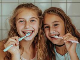 Due adolescenziale sorelle spazzola loro denti. mattina procedure nel il bagno. Salute cura foto