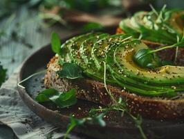 croccante avocado pane abbrustolito. bellissimo prima colazione servizio. estetico macro foto. avvicinamento foto