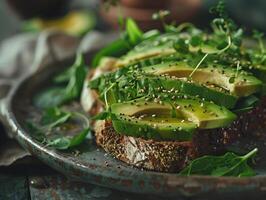 avocado crostini con erbe aromatiche e sesamo semi. bellissimo prima colazione servizio. estetico macro foto. avvicinamento foto