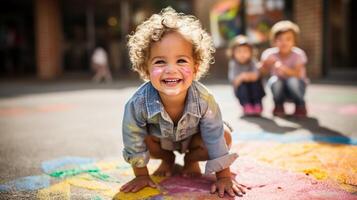 gruppo di bambini con gesso su marciapiede, arcobaleno colori, soleggiato, tiro a partire dal sopra foto