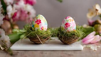 Due decorato Pasqua uova sedersi su un' tavolo con fiori foto