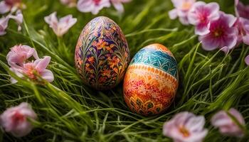 Due decorato Pasqua uova siamo seduta nel il erba foto