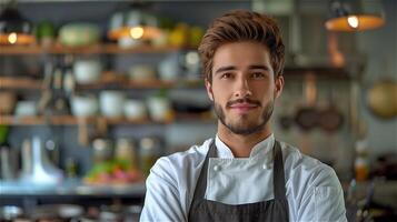 bello giovane capocuoco con cucina sfondo foto