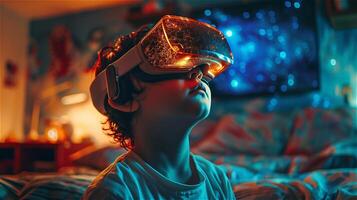 ragazzo utilizzando virtuale la realtà nel il suo casa foto