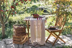 di legno tavolo e sedie sotto il Mela albero. Là è un' cestino di mele su il tavolo. Paradiso mele siamo luminosa rosso. accogliente posto per relax. confortevole giardino mobilia foto