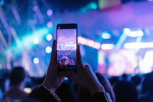 persone Tenere inteligente Telefono e registrazione e Fotografare nel musica Festival concerto foto
