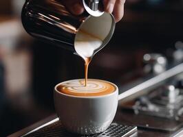 mano di versare latte per fabbricazione latte macchiato arte caffè a bar negozio.. foto