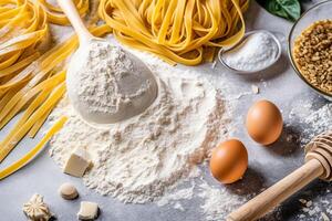 pasta ingredienti, Farina, uova, rotolamento spillo, su grigio sfondo.. foto