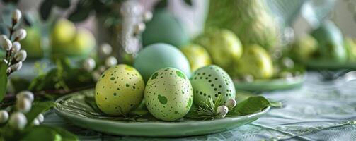 festivo tradizione, tradizionale Pasqua colorato uova adornare il tavolo impostato nel rinfrescante verde toni, pronto per celebrare il vacanza. foto