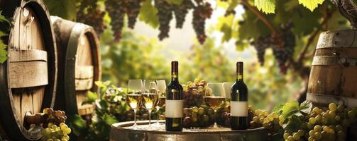 panoramico campagna delizia, bottiglie e vino bicchieri disposte in mezzo lussureggiante uva viti e di legno botti, evocando il essenza di vino nazione la tranquillità. foto