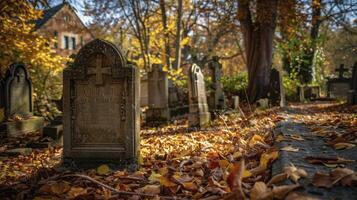 serenità tra il foglie, tranquillo, calmo cimitero con antico lapidi, impostato nel un autunnale paesaggio foto