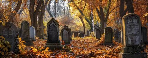 serenità tra il foglie, tranquillo, calmo cimitero con antico lapidi, impostato nel un autunnale paesaggio foto