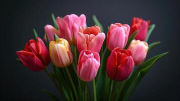 mazzo di rosso tulipani contro un' buio sfondo, vivace primavera fiori con verde steli, adatto per saluto carte e sfondi. foto