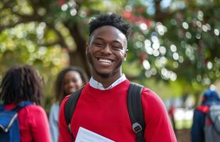 africano americano alunno Tenere libri e sorridente a il telecamera foto