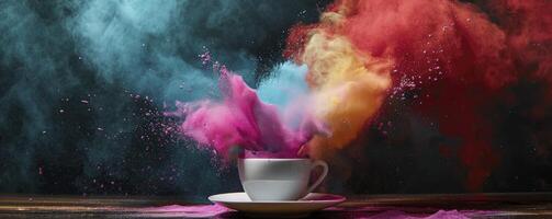 colorato polvere esplosione a partire dal un' caffè tazza, un' colorato spruzzo di colore esplosione. foto