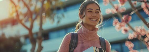 un' bellissimo sorridente femmina alunno indossare un' leggero rosa maglione e Tenere libri foto