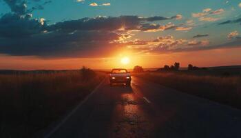 un' auto è guida contro il fondale di il campagna con il tramonto foto