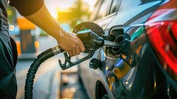 avvicinamento di un' dell'uomo mano Tenere un' gas ugello e Riempimento un' auto con benzina a un' gas stazione foto