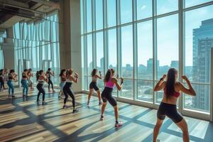 gruppo di latino americano donne nel fitness capi di abbigliamento fare esercizio nel il Palestra foto