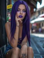 foto di europeo donna fotorealistico con lavanda capelli e rossetto