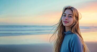 ritratto su il spiaggia giovane donna con lungo biondo capelli foto