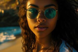 un' fotorealistico ritratto di un' 25 anni africano americano donna nel occhiali da sole foto