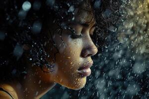 estremo avvicinamento, Doppio esposizione di un' bellissimo afro donna nel il piovere, gocce su sua viso foto