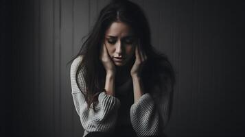 donna nel depressione con sconcertato pensieri nel sua mente. depressione, solitudine e mentale Salute concetto. foto