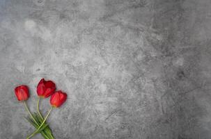 rosso tulipani su grigio cemento sfondo minimalismo superiore Visualizza, Pasqua arredamento, primavera foto