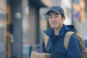 giapponese consegna uomo con bagaglio. foto
