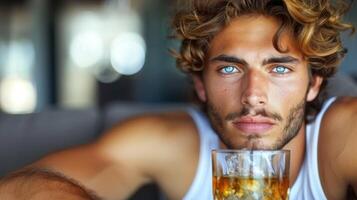 un' uomo con Riccio capelli Tenere un' bicchiere di birra foto