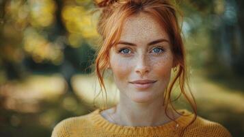 un' donna con lentigginoso capelli e blu occhi guardare direttamente a il telecamera foto