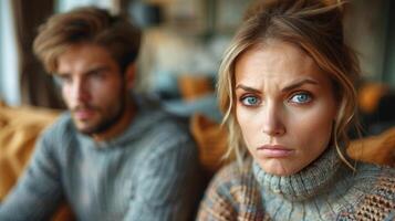 un' uomo e donna siamo seduto su un' divano foto