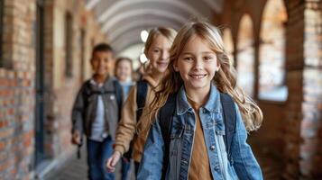 giovane bambini a piedi giù un' scuola corridoio foto