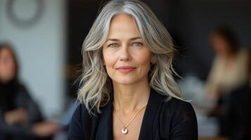 un' donna con grigio capelli indossare un' nero camicia foto