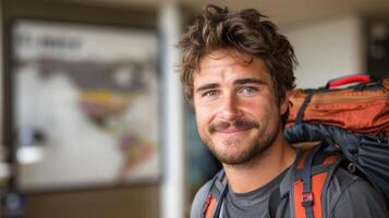 un' uomo con un' zaino sorrisi per il telecamera foto