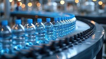 bottiglie di acqua foderato su su un' trasportatore cintura pronto per confezione nel un' fabbrica foto