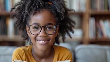 un' giovane ragazza indossare bicchieri immersa nel lettura un' libro foto