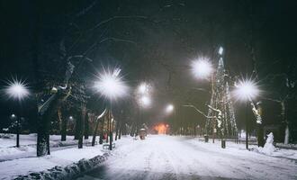 inverno parco a notte con Natale decorazioni, raggiante lanterne e alberi coperto con neve. Vintage ▾ film estetico. foto