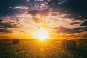 tramonto nel un' campo con mucchi di fieno su un' estate o presto autunno sera con un' nuvoloso cielo nel il sfondo. Approvvigionamento di animale alimentazione nel agricoltura. Vintage ▾ film estetico. foto