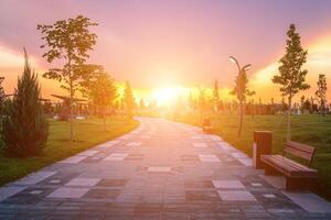 città parco nel presto estate o primavera con marciapiede, lanterne, giovane verde prato, alberi e drammatico nuvoloso cielo su un' tramonto o Alba. foto