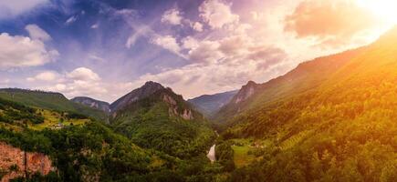 panorama di alto montagne di tara fiume canyon a tramonto con nuvoloso cielo. foto