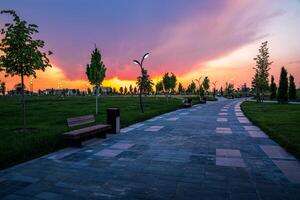 città parco nel presto estate o primavera con marciapiede, lanterne, giovane verde prato, alberi e drammatico nuvoloso cielo su un' tramonto o Alba. foto