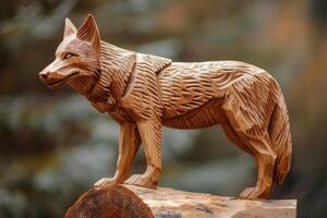 elegante di legno lupo scultura con meticoloso artigianato e orgoglioso posizione ai Immagine foto