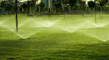 automatico prato irrigazione sistema irrigazione il giovane verde prato erba nel il parco. foto