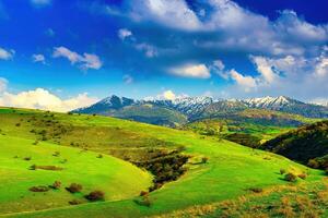 colline e montagne coperto con giovane verde erba e illuminato di il sole su un' soleggiato giorno. foto